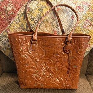 Patricia Nash Adeline Floral Embossed Brown 100% Full Grain Leather Tote